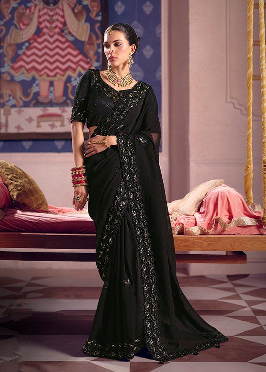 Monjolika Fashion Black Viscose Zari Tissue Silk Embroidered Saree