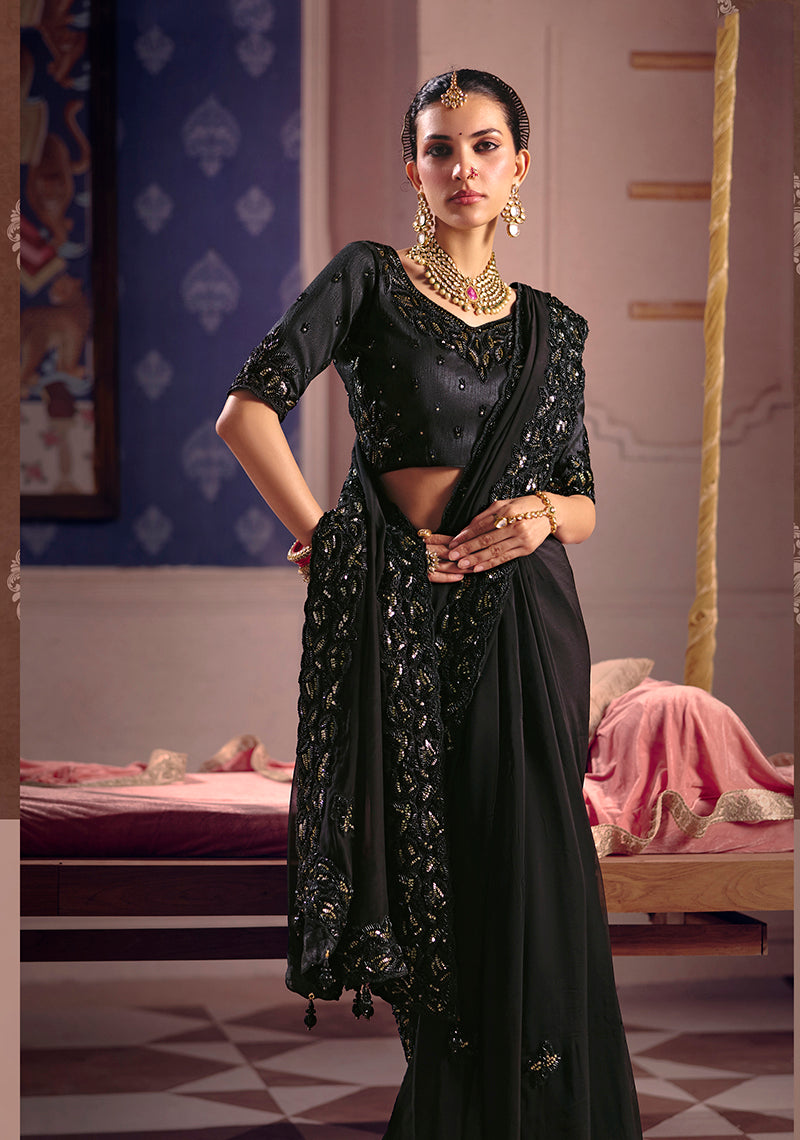 Monjolika Fashion Black Viscose Zari Tissue Silk Embroidered Saree
