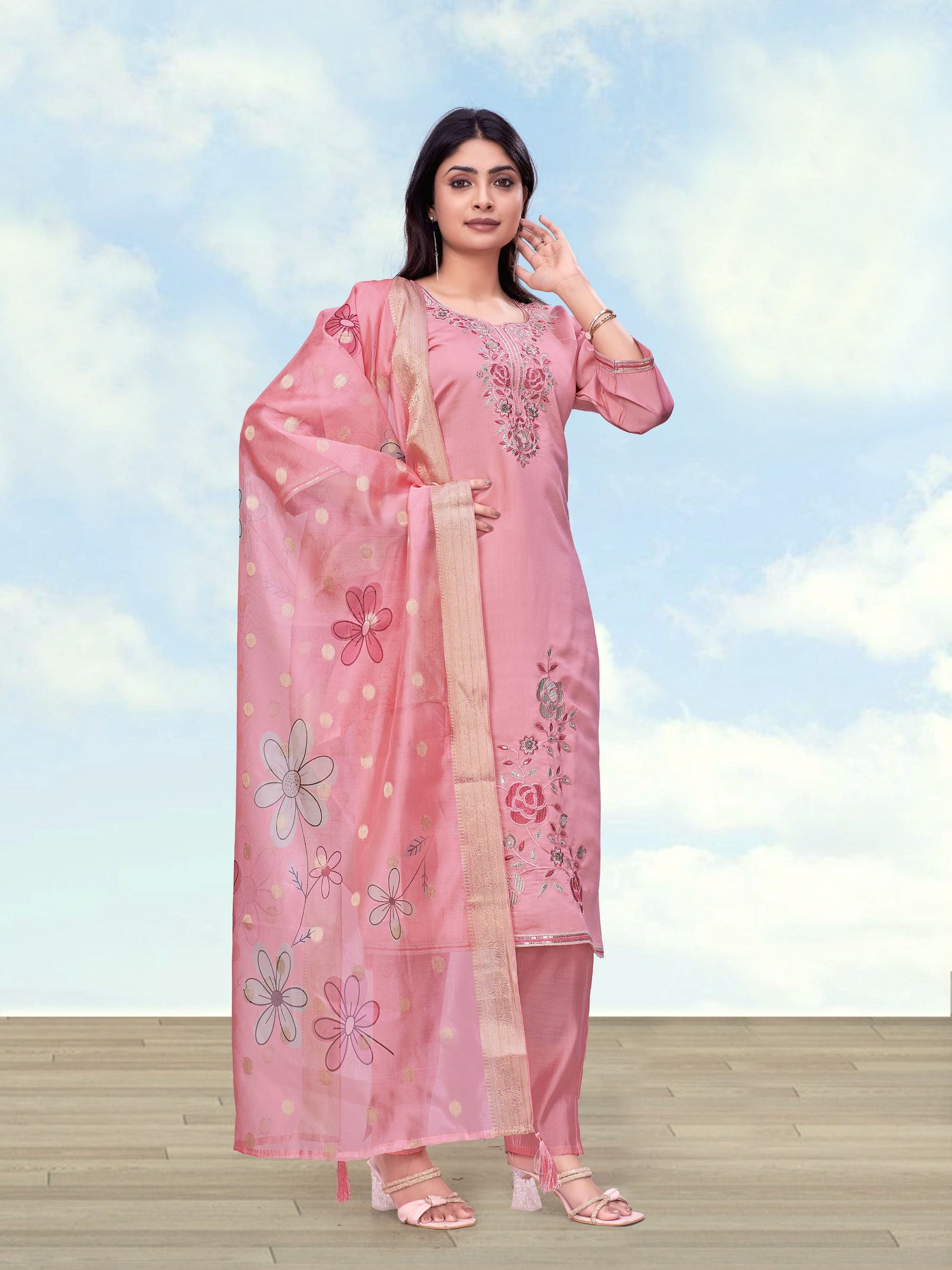 Monjolika Fashion Pink Color Roman Digital Print Kurta Pair