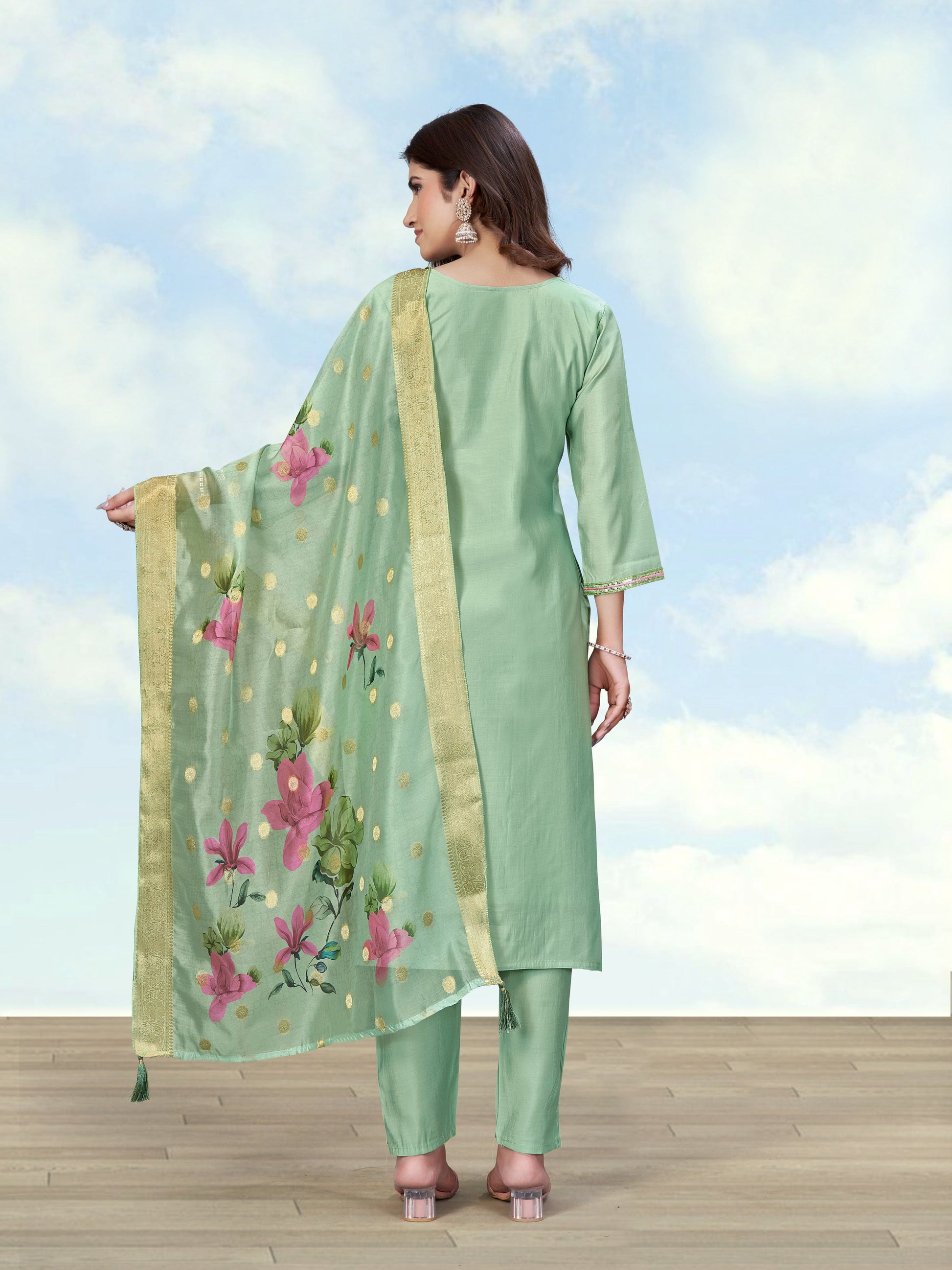 Monjolika Fashion Sea Green Color Roman Digital Print Kurta Pair