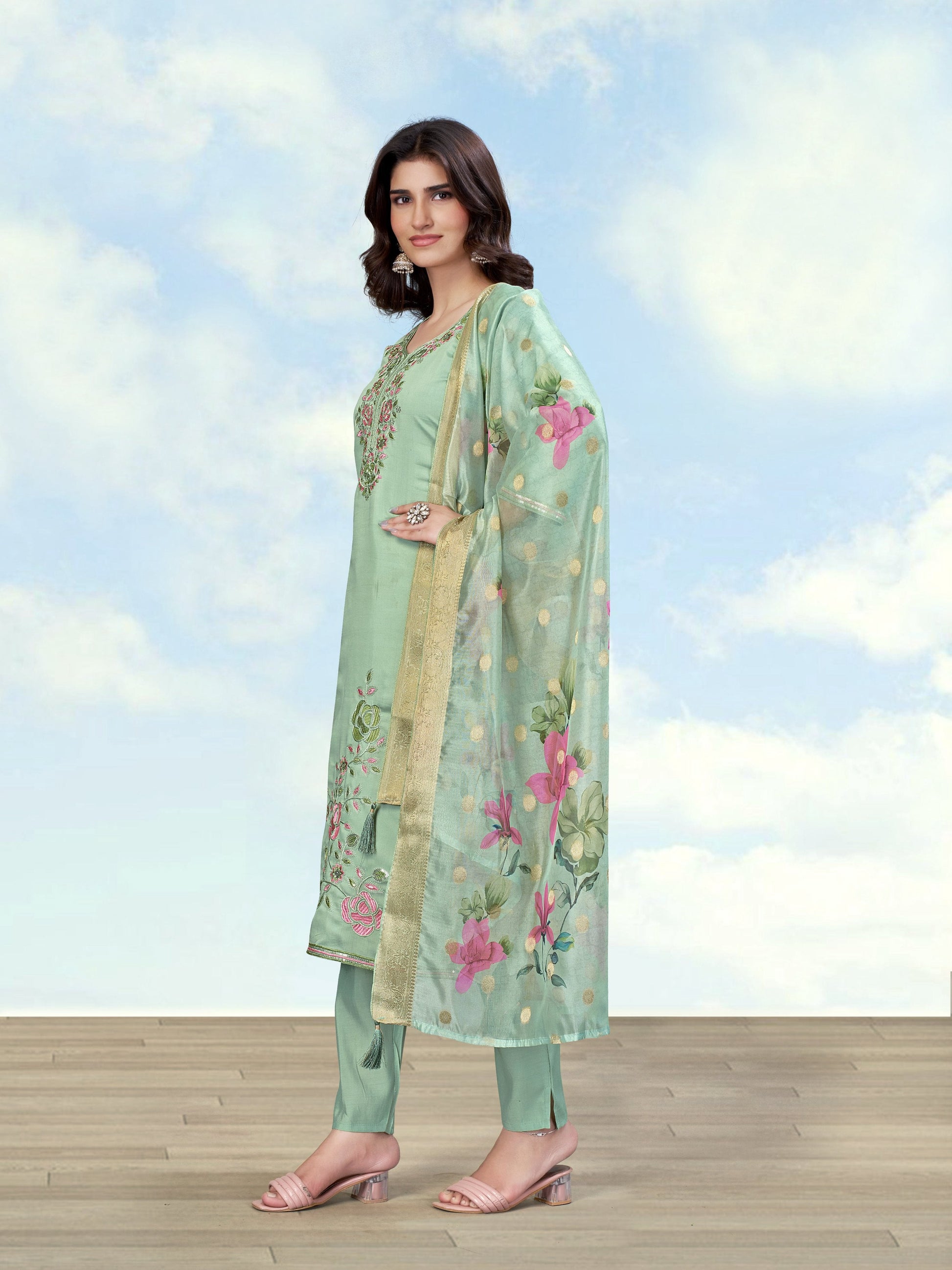 Monjolika Fashion Sea Green Color Roman Digital Print Kurta Pair