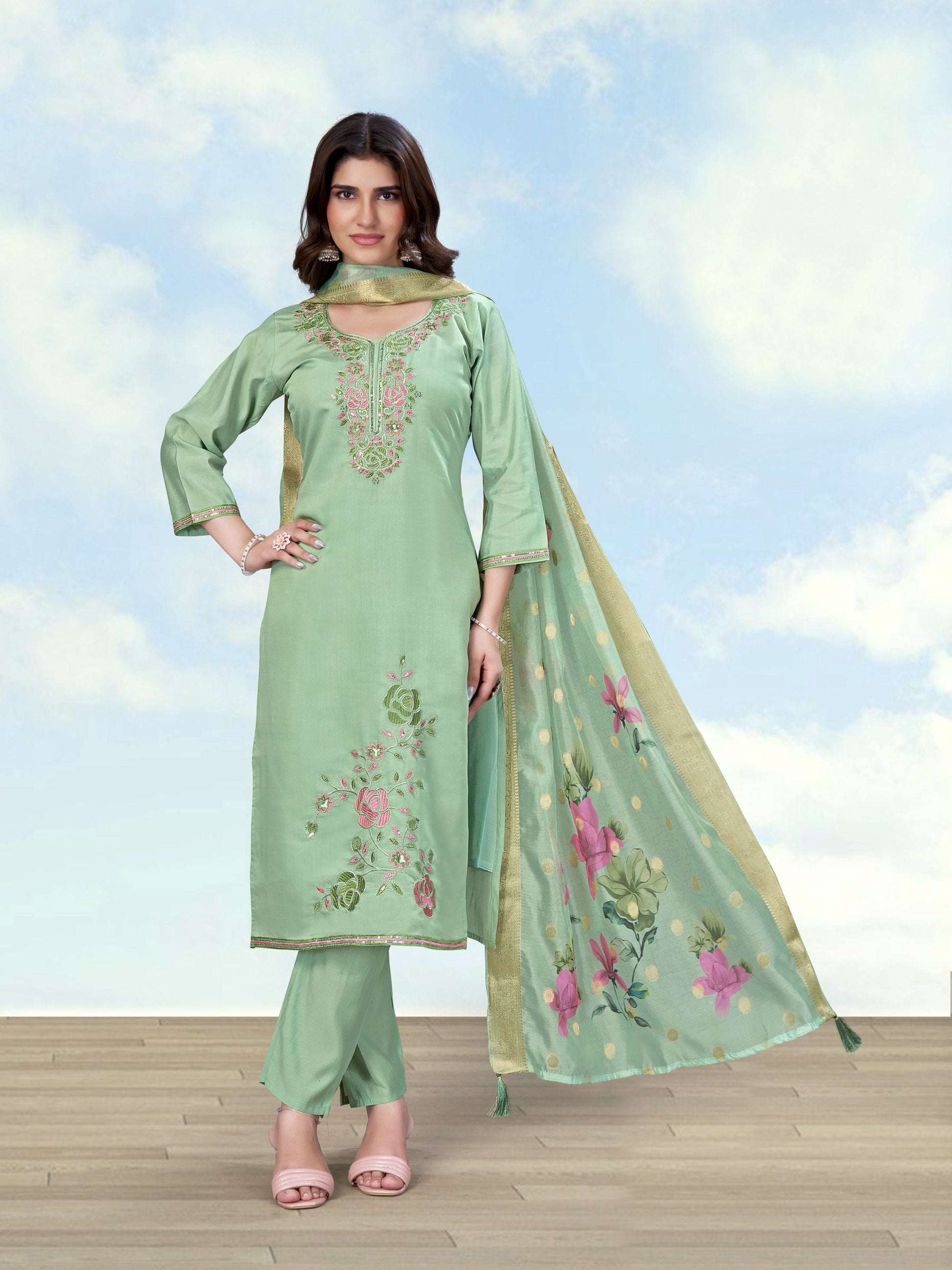 Monjolika Fashion Sea Green Color Roman Digital Print Kurta Pair