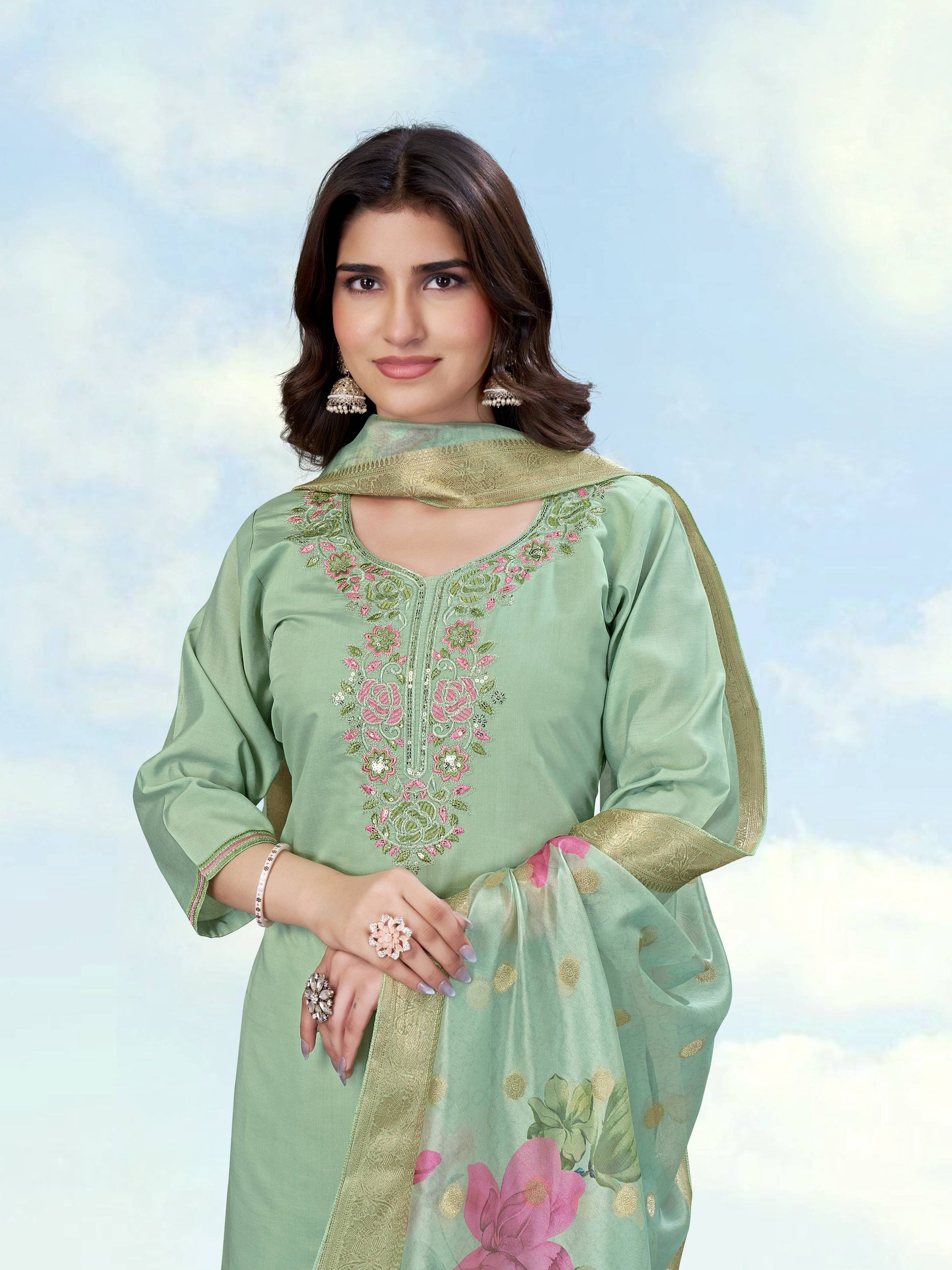Monjolika Fashion Sea Green Color Roman Digital Print Kurta Pair