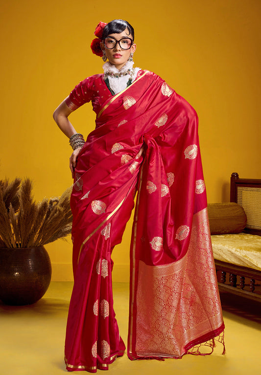 Monjolika Fashion Satin Silk Handloom Weaving Saree In Red