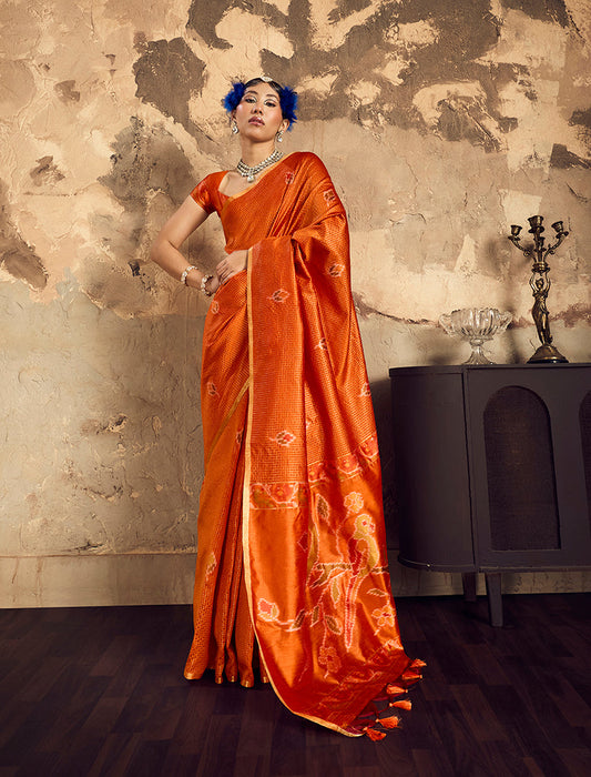 Monjolika Fashion Orange Weaving Silk Blend Saree With Zari Border Design