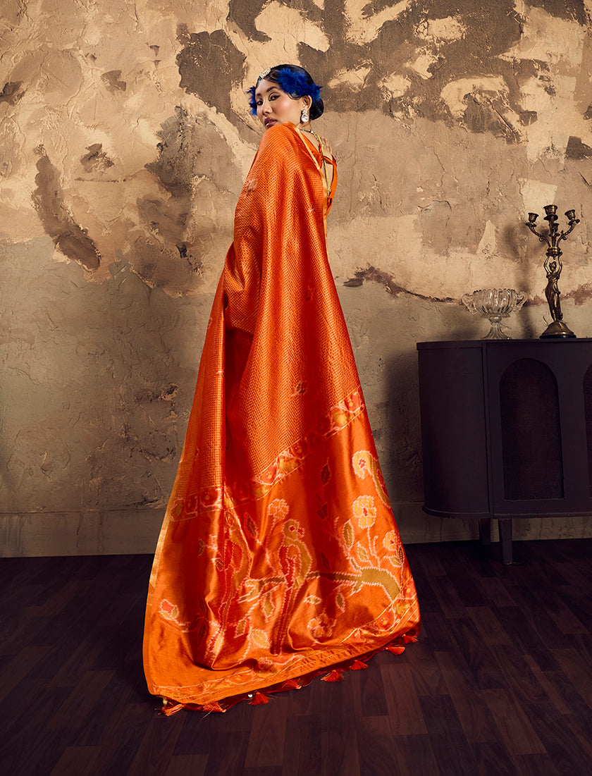 Monjolika Fashion Orange Weaving Silk Blend Saree With Zari Border Design