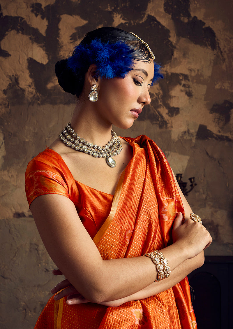 Monjolika Fashion Orange Weaving Silk Blend Saree With Zari Border Design
