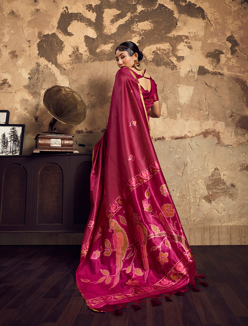 Monjolika Fashion Wine Weaving Silk Blend Saree With Zari Border Design