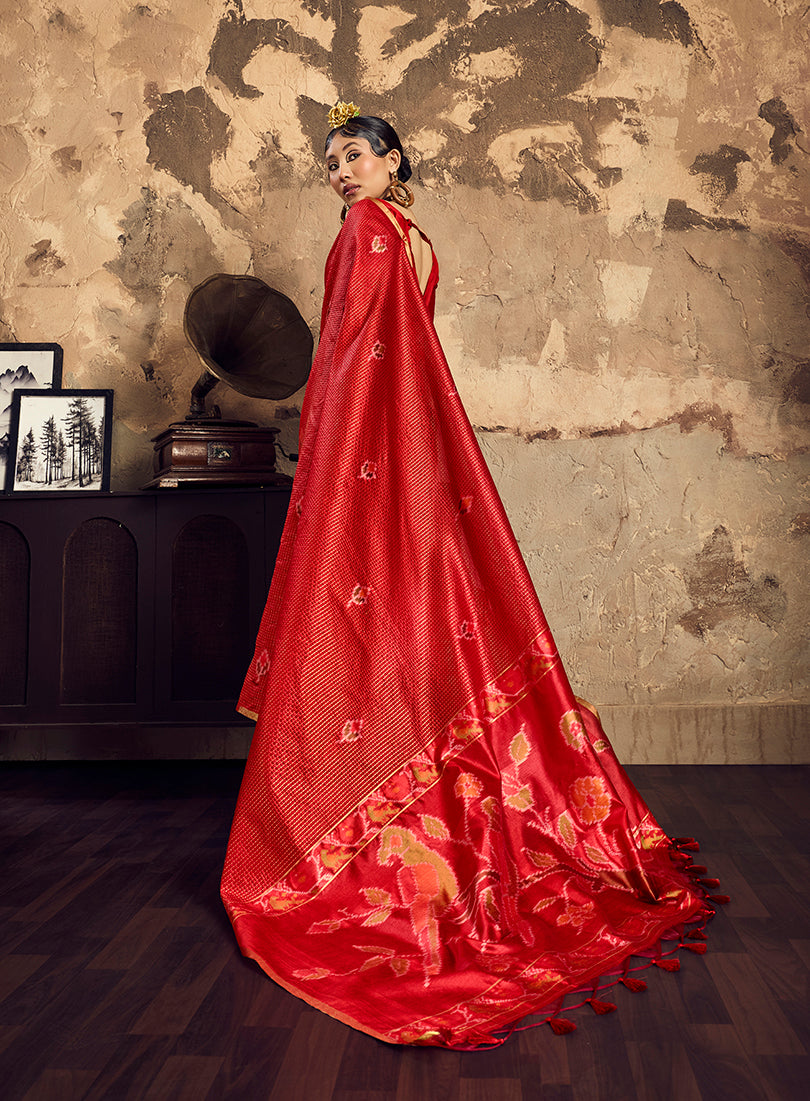 Monjolika Fashion Red Weaving Silk Blend Saree With Zari Border Design