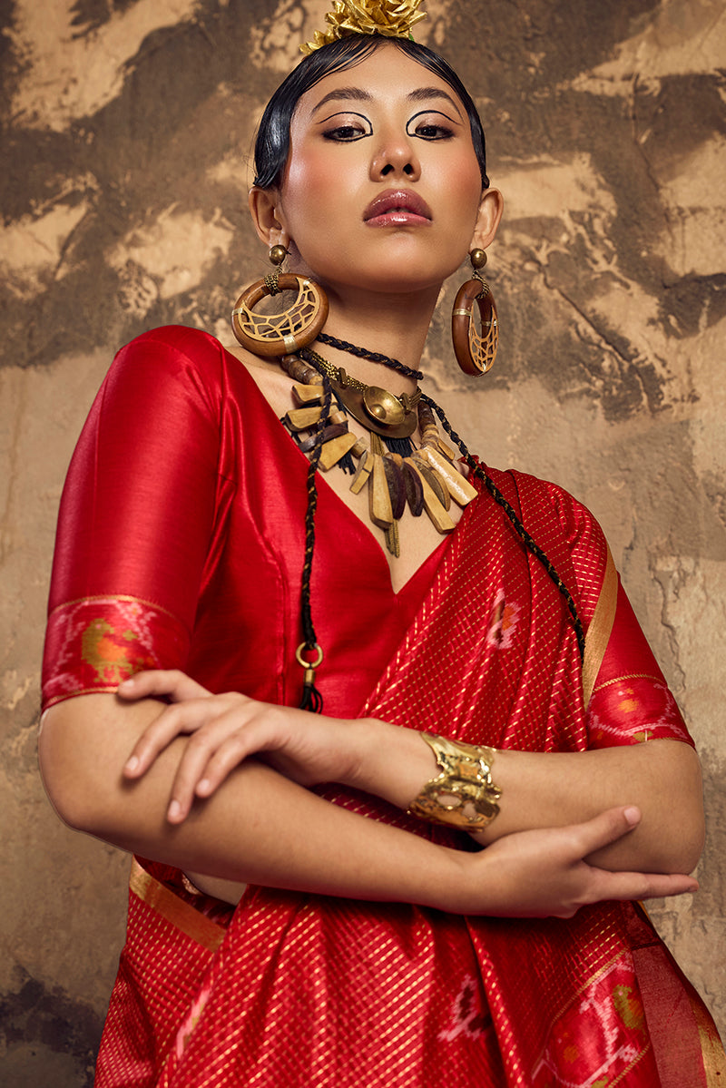 Monjolika Fashion Red Weaving Silk Blend Saree With Zari Border Design