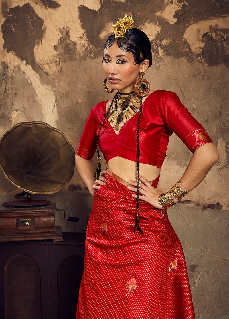 Monjolika Fashion Red Weaving Silk Blend Saree With Zari Border Design