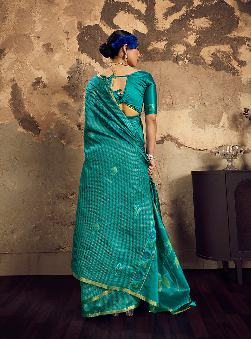 Monjolika Fashion Turquiose Blue Weaving Silk Blend Saree With Zari Border Design