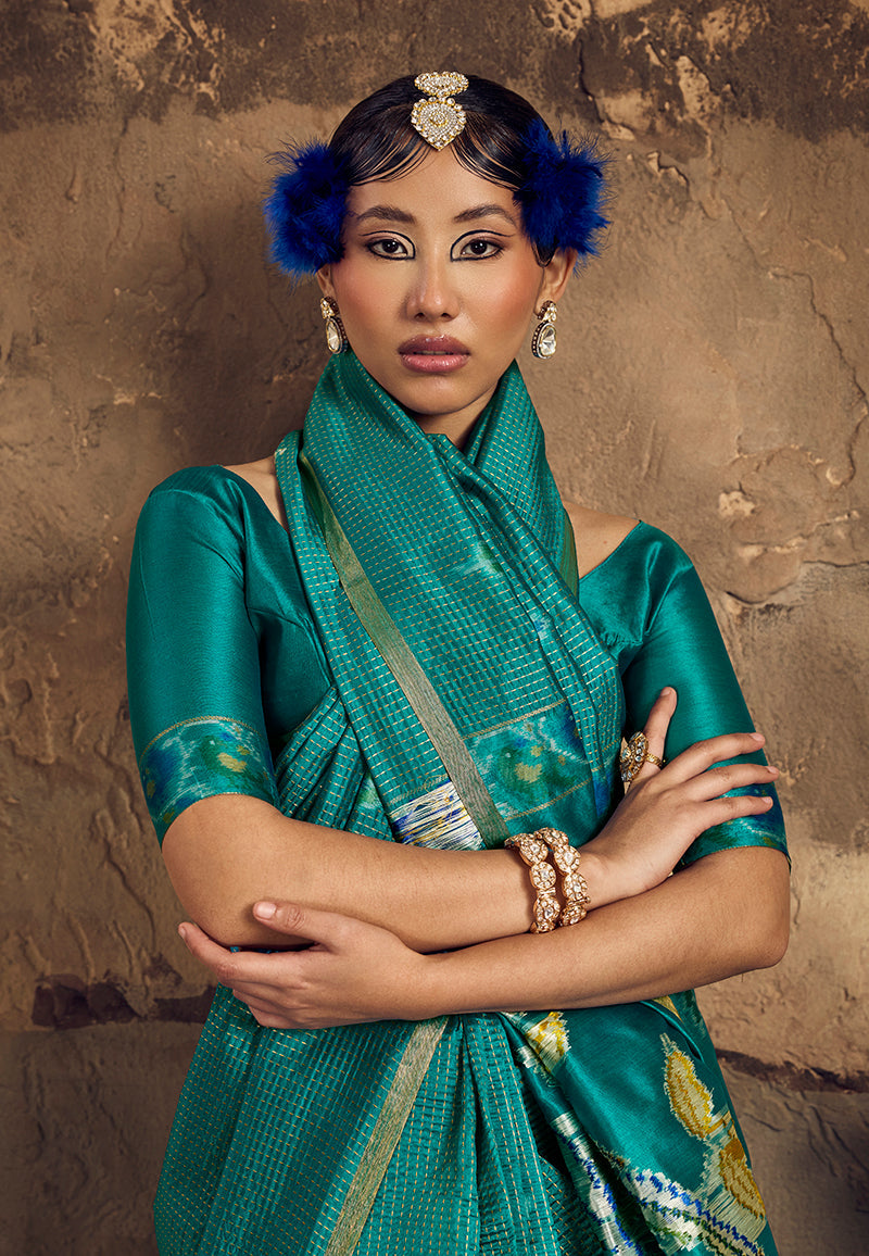 Monjolika Fashion Turquiose Blue Weaving Silk Blend Saree With Zari Border Design
