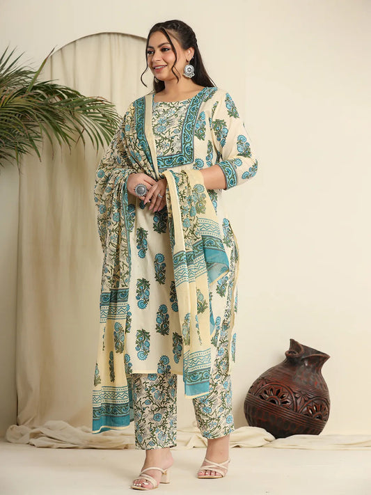 Yufta Cream Pure Cotton Kurta Set With Pant & Dupatta  Grab2Buy Yufta Grab2Buy