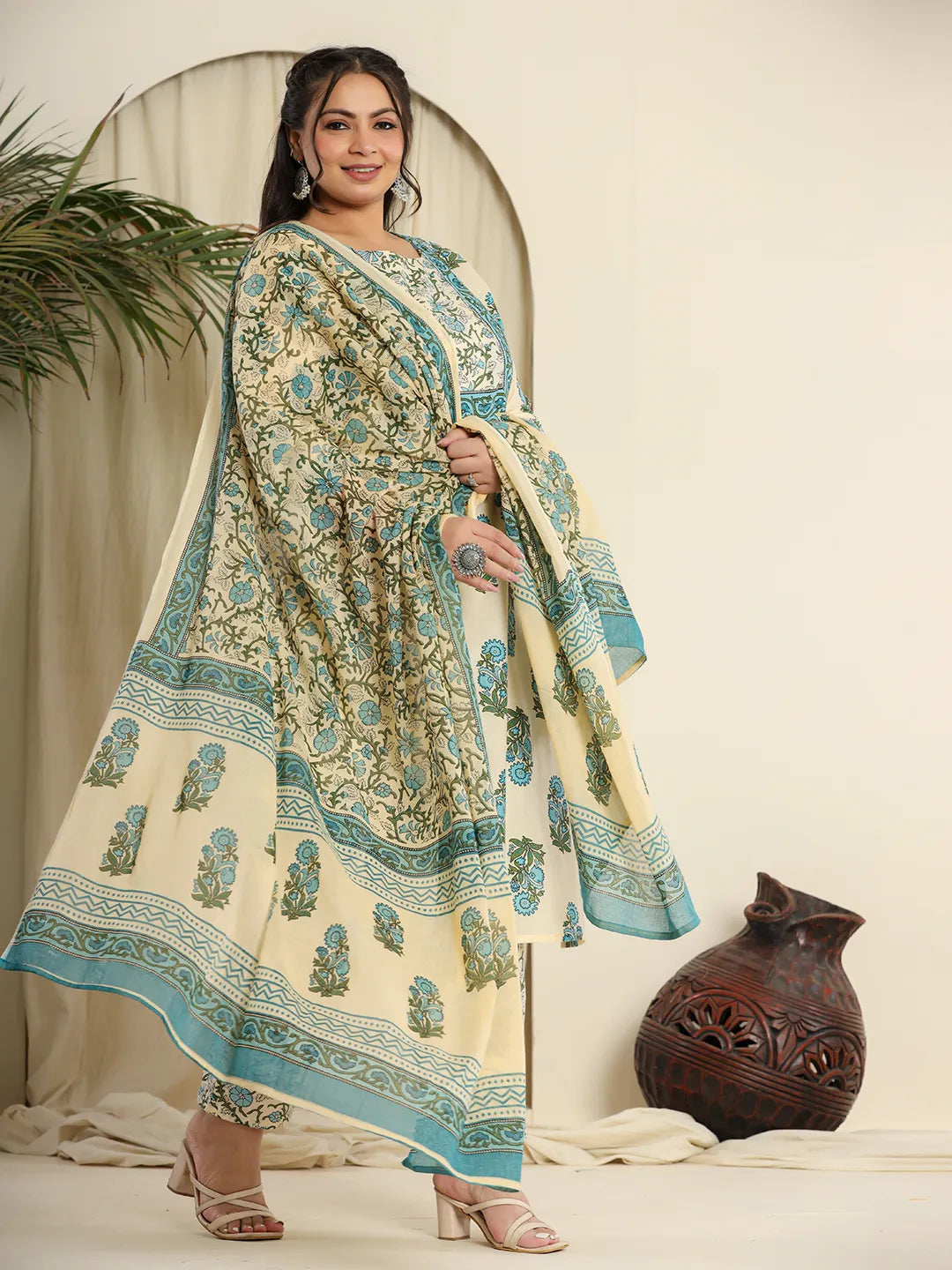 Yufta Cream Pure Cotton Kurta Set With Pant & Dupatta  Grab2Buy Yufta Grab2Buy