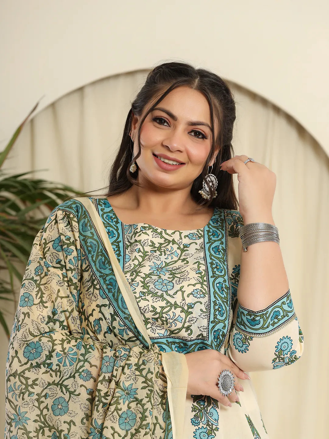 Yufta Cream Pure Cotton Kurta Set With Pant & Dupatta  Grab2Buy Yufta Grab2Buy