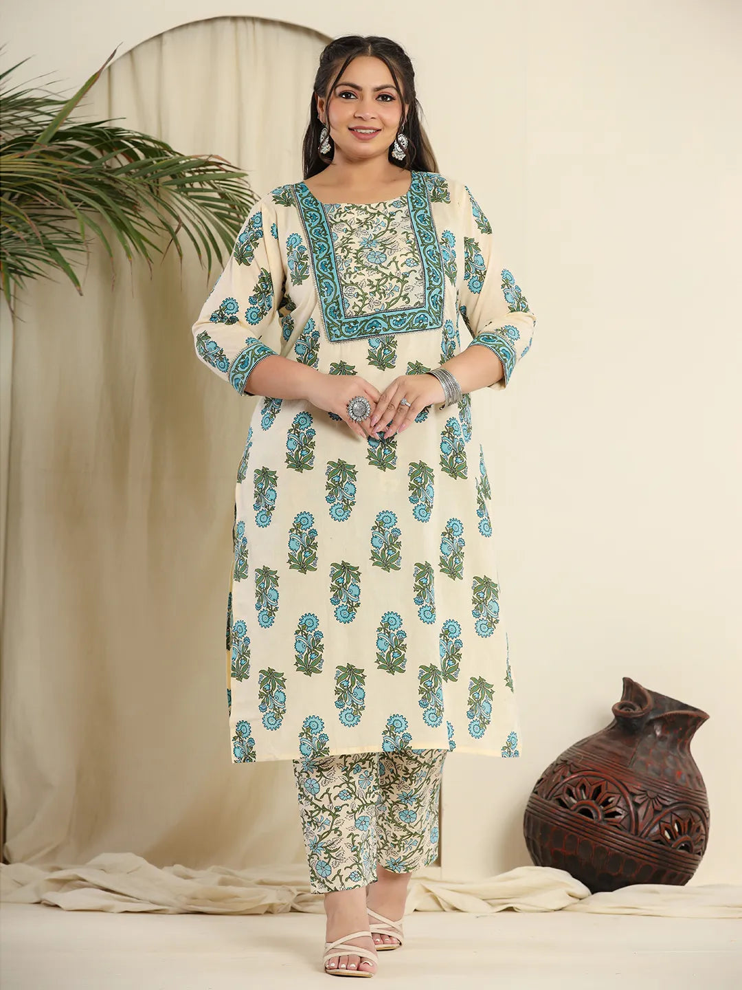 Yufta Cream Pure Cotton Kurta Set With Pant & Dupatta  Grab2Buy Yufta Grab2Buy