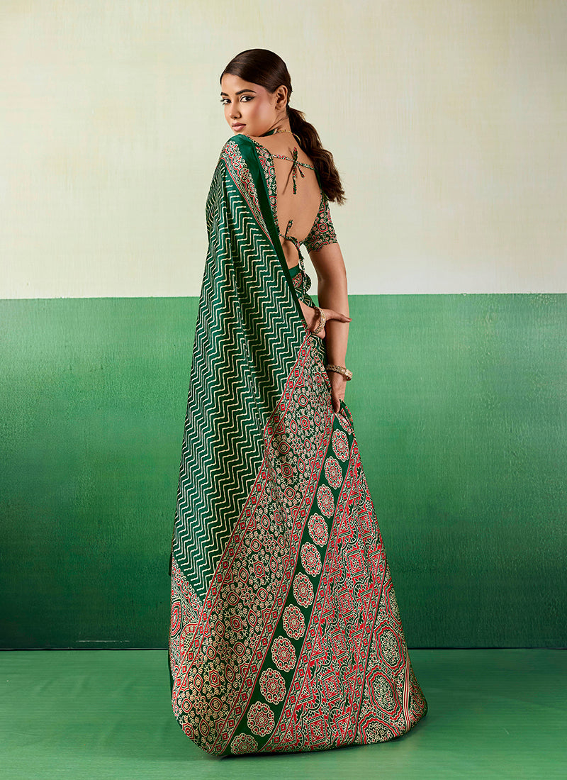 Monjolika Fashion Ajrakh Green Faux Satin Printed Saree