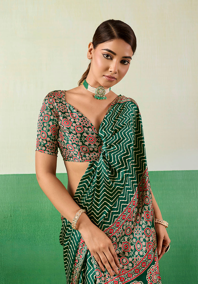 Monjolika Fashion Ajrakh Green Faux Satin Printed Saree