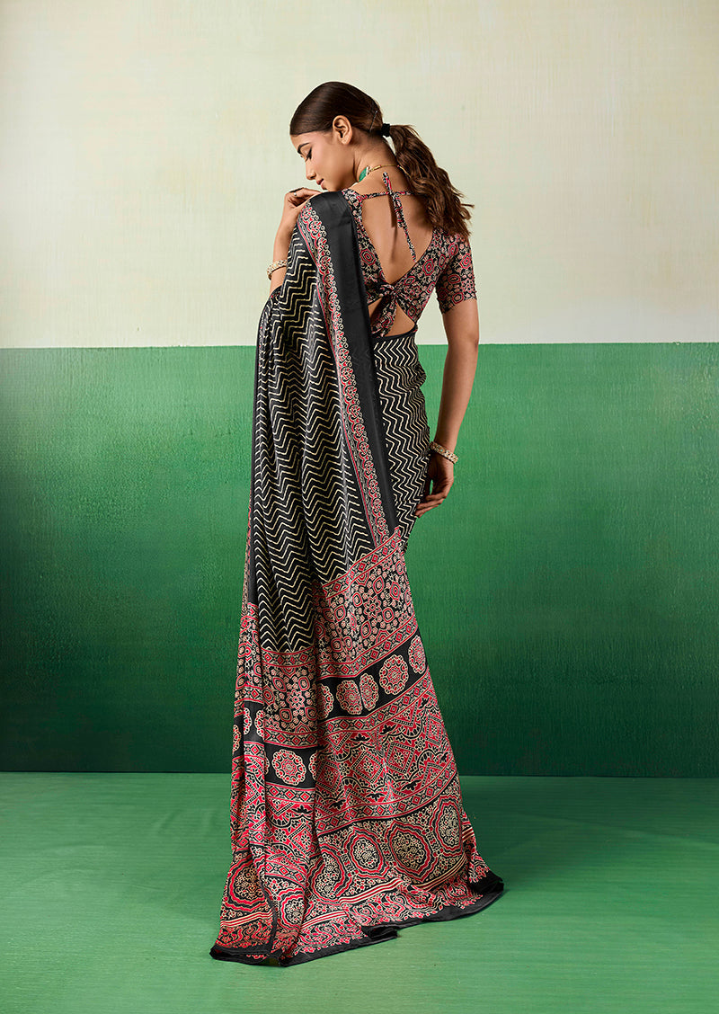 Monjolika Fashion Ajrakh Black Faux Satin Printed Saree