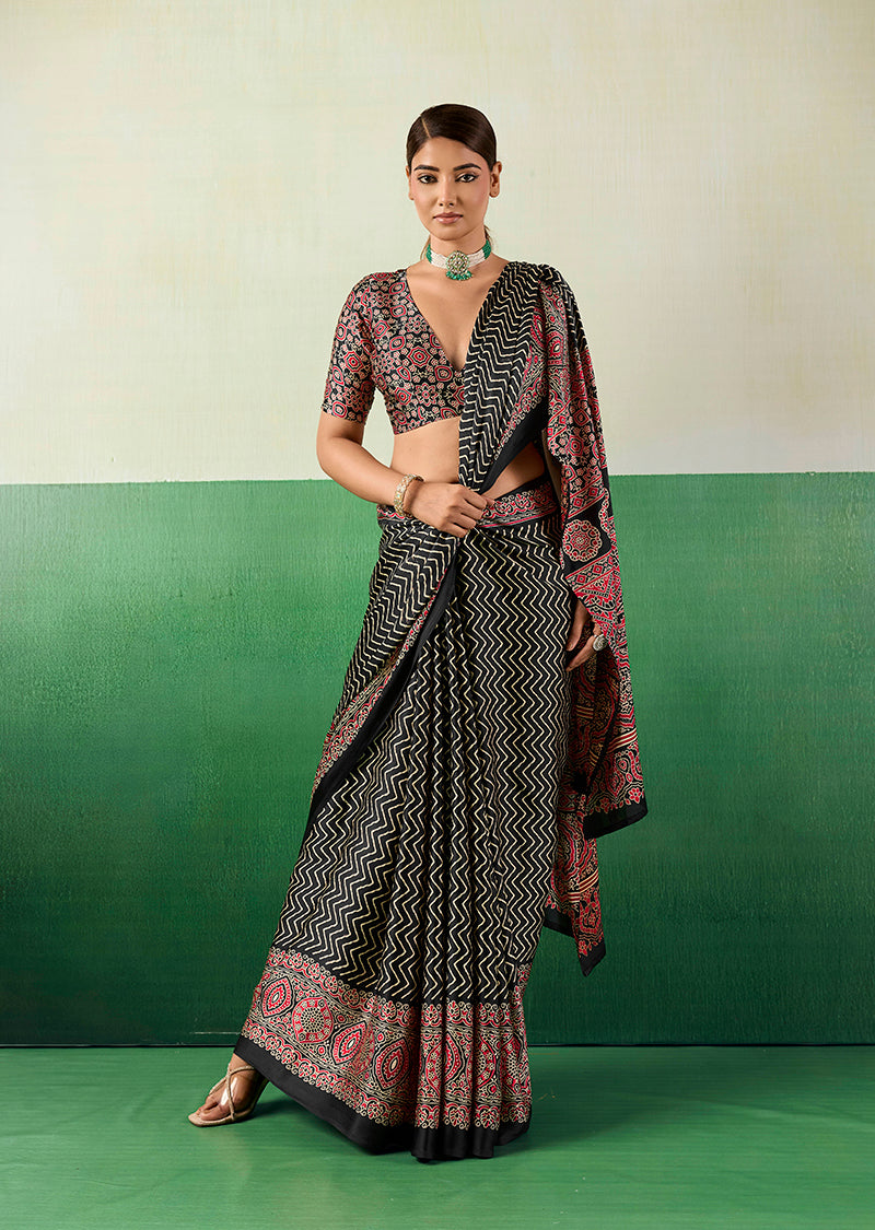 Monjolika Fashion Ajrakh Black Faux Satin Printed Saree