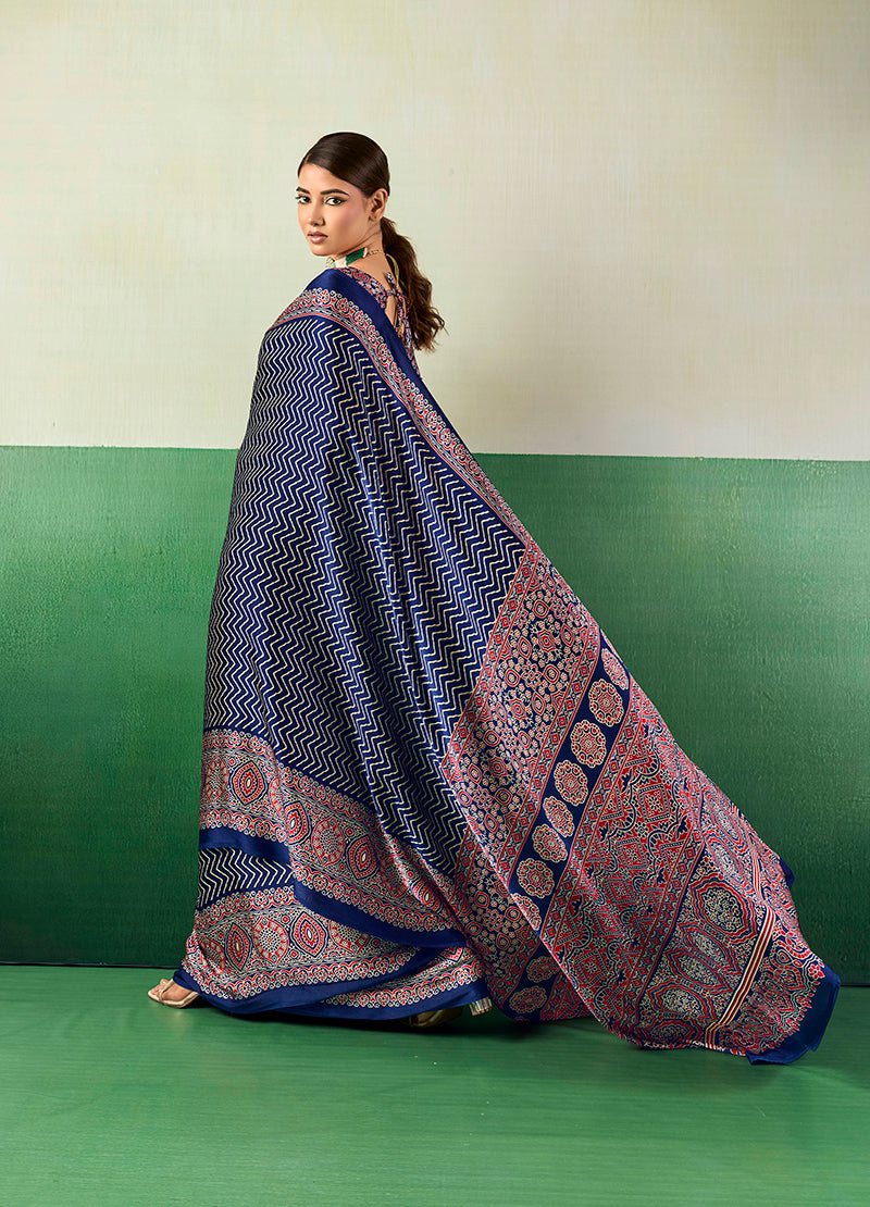 Monjolika Fashion Ajrakh Navy Blue Faux Satin Printed Saree
