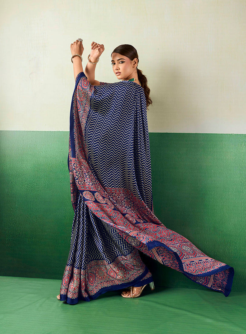 Monjolika Fashion Ajrakh Navy Blue Faux Satin Printed Saree