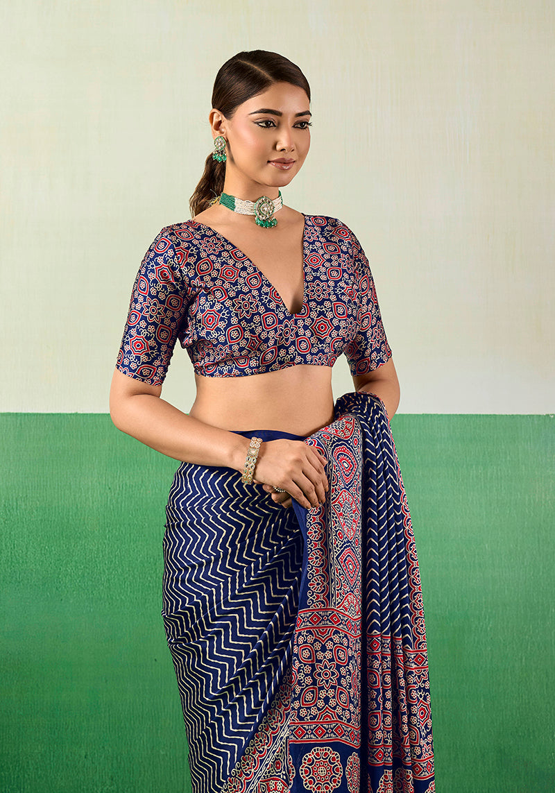 Monjolika Fashion Ajrakh Navy Blue Faux Satin Printed Saree