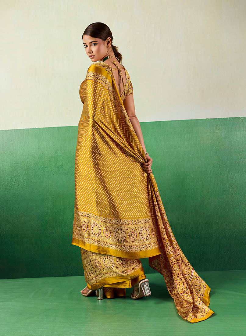 Monjolika Fashion Ajrakh Mustard Faux Satin Printed Saree