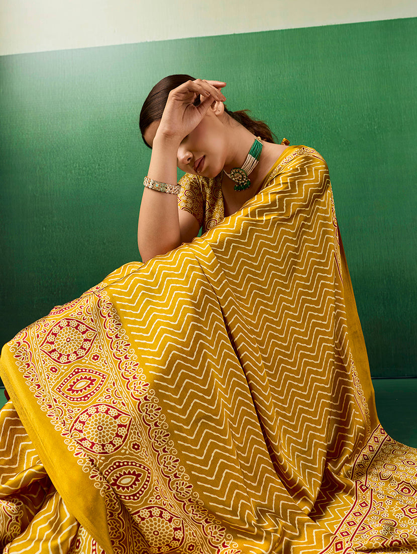 Monjolika Fashion Ajrakh Mustard Faux Satin Printed Saree