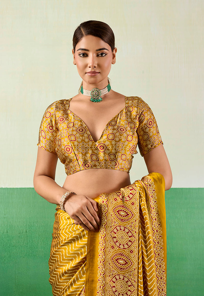 Monjolika Fashion Ajrakh Mustard Faux Satin Printed Saree