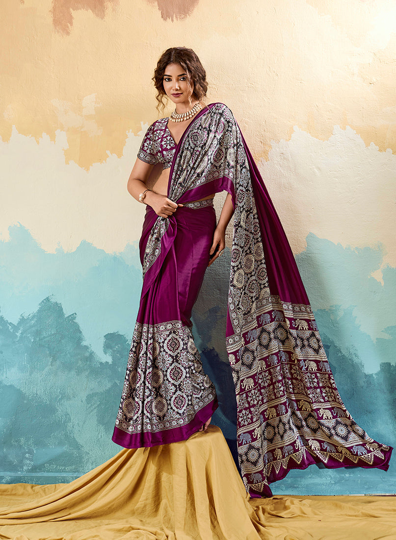 Monjolika Fashion Ajrakh Wine Faux Satin Printed Saree With Ethnic Motif