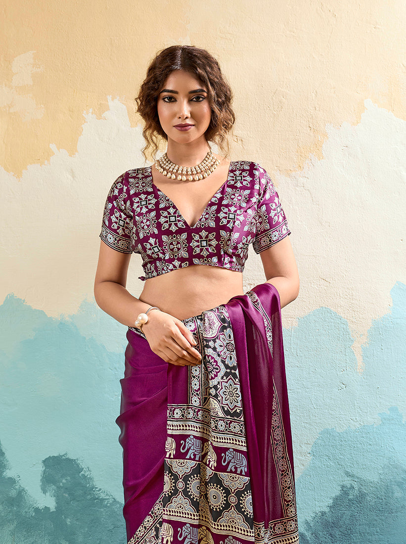 Monjolika Fashion Ajrakh Wine Faux Satin Printed Saree With Ethnic Motif