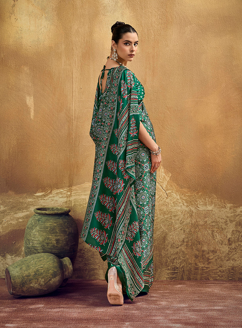 Monjolika Fashion Green Faux Satin Printed Ajrakh Saree With Rich Border Print