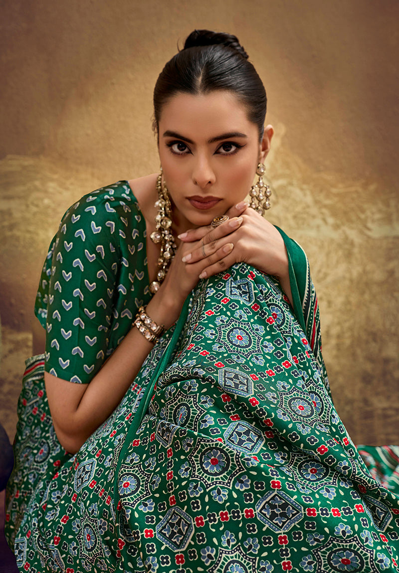 Monjolika Fashion Green Faux Satin Printed Ajrakh Saree With Rich Border Print