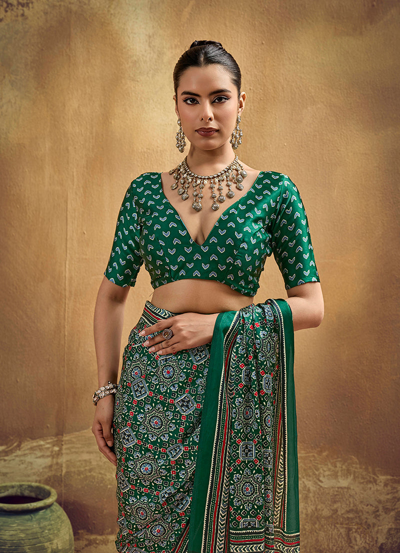 Monjolika Fashion Green Faux Satin Printed Ajrakh Saree With Rich Border Print