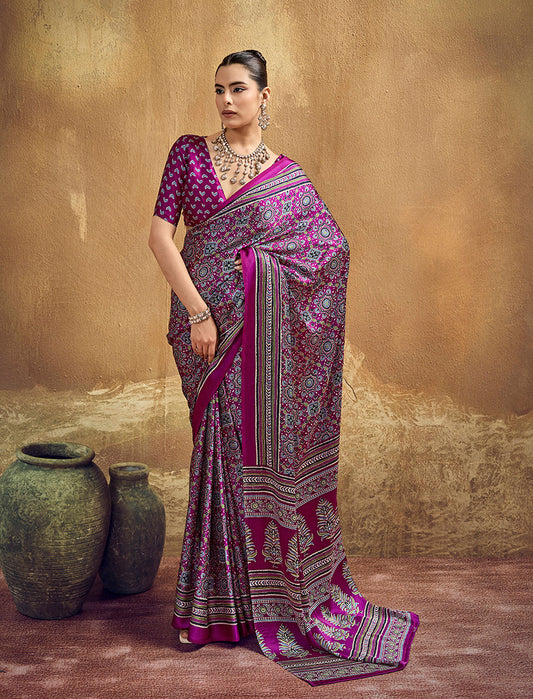 Monjolika Fashion Magenta Faux Satin Printed Ajrakh Saree With Rich Border Print