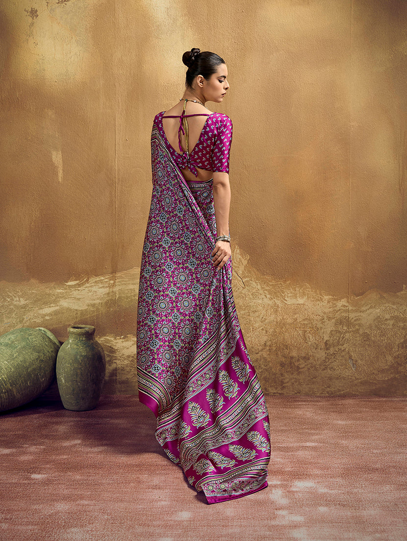 Monjolika Fashion Magenta Faux Satin Printed Ajrakh Saree With Rich Border Print