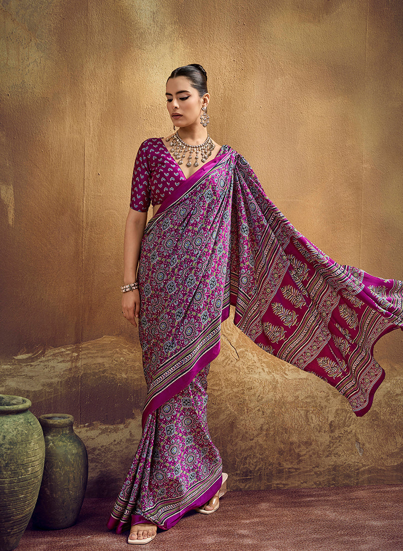 Monjolika Fashion Magenta Faux Satin Printed Ajrakh Saree With Rich Border Print