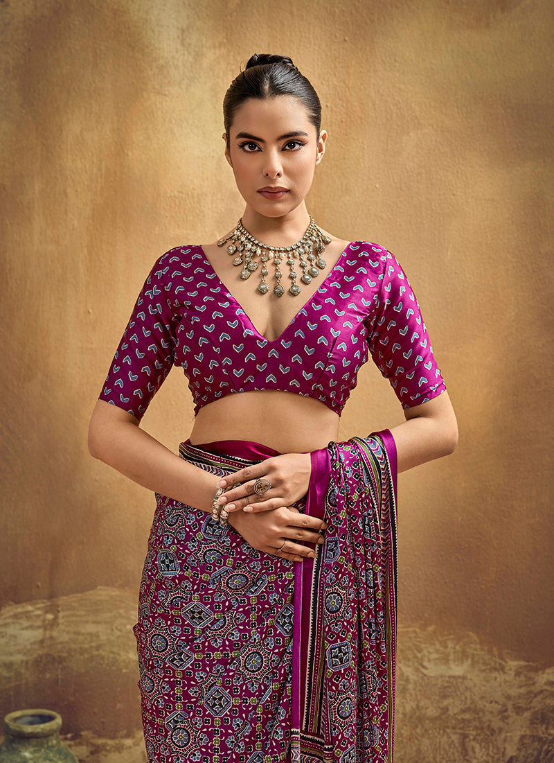 Monjolika Fashion Magenta Faux Satin Printed Ajrakh Saree With Rich Border Print