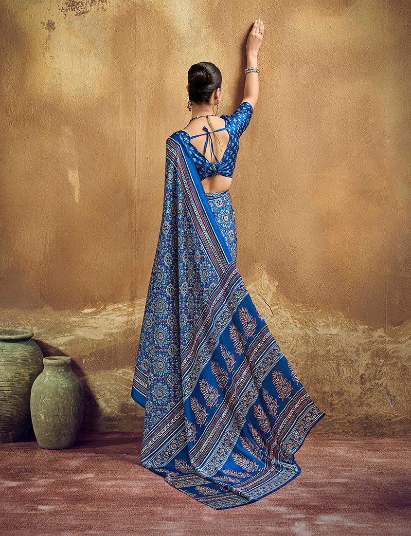 Monjolika Fashion Royal Blue Faux Satin Printed Ajrakh Saree With Rich Border Print