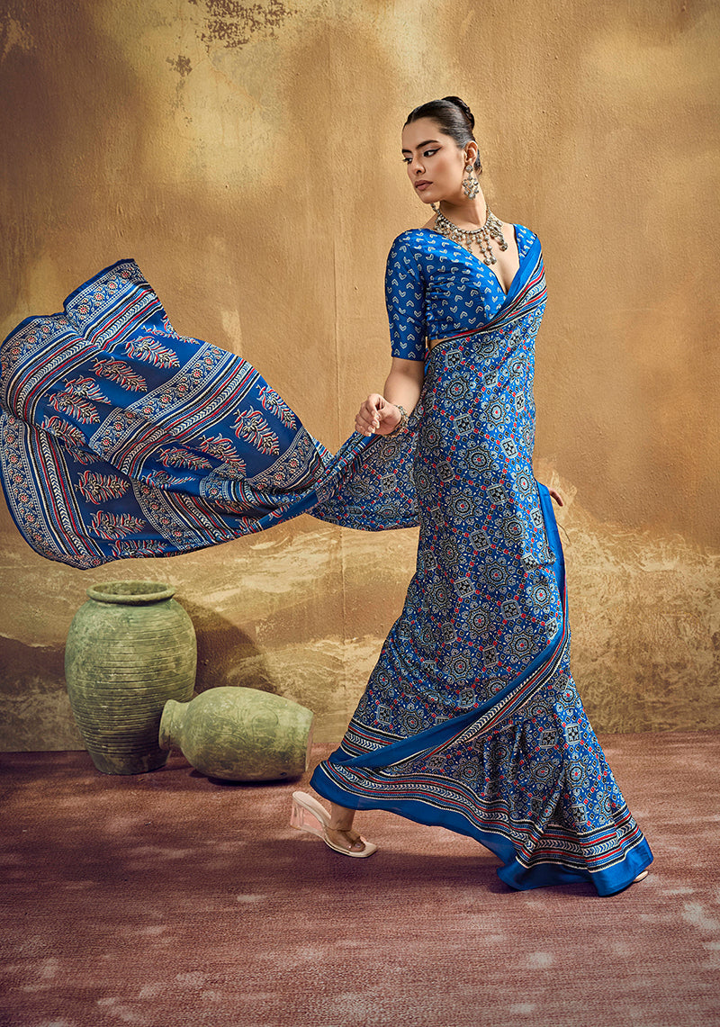 Monjolika Fashion Royal Blue Faux Satin Printed Ajrakh Saree With Rich Border Print