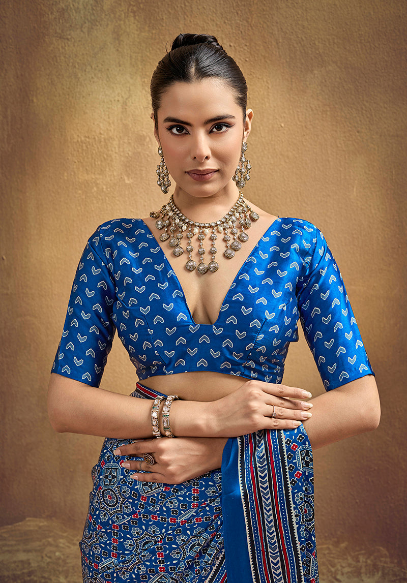 Monjolika Fashion Royal Blue Faux Satin Printed Ajrakh Saree With Rich Border Print