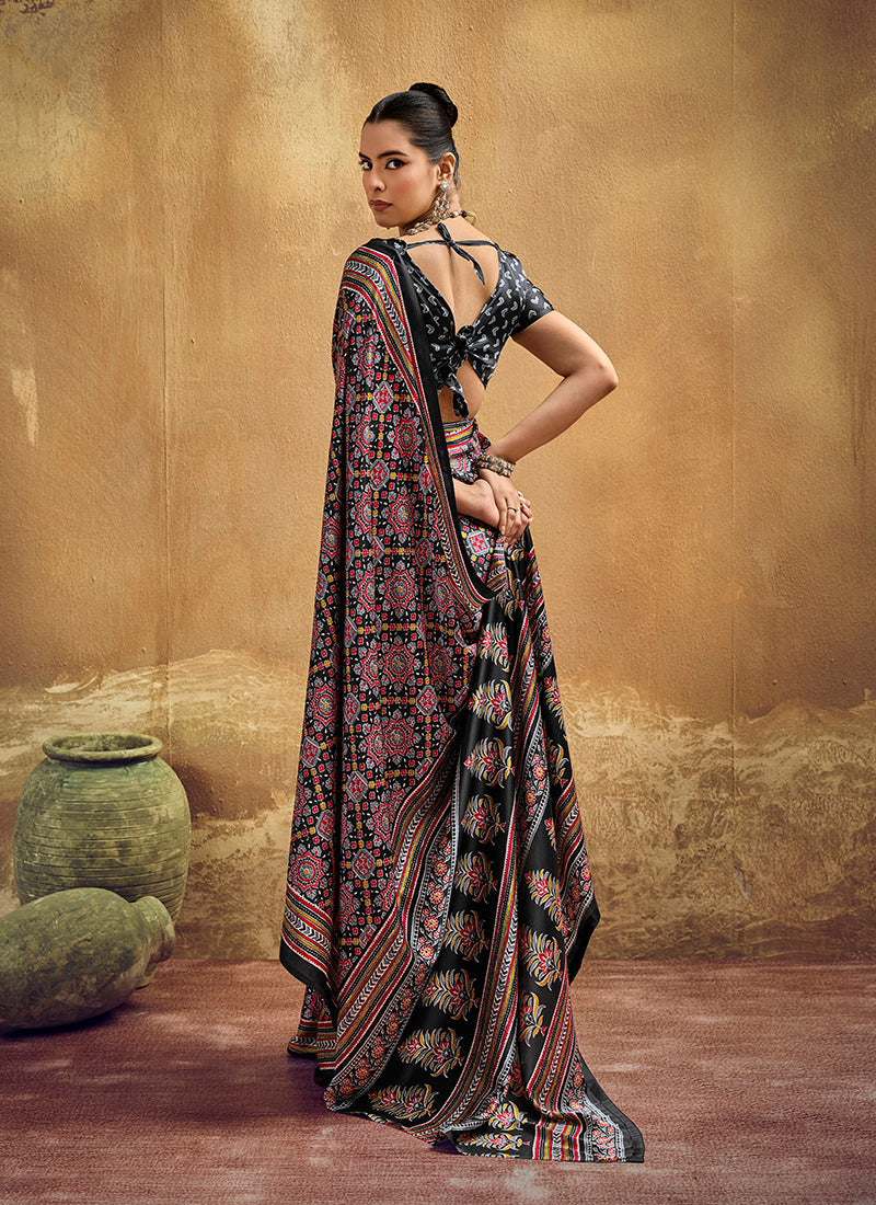 Monjolika Fashion Black Pink Faux Satin Printed Ajrakh Saree With Rich Border Print