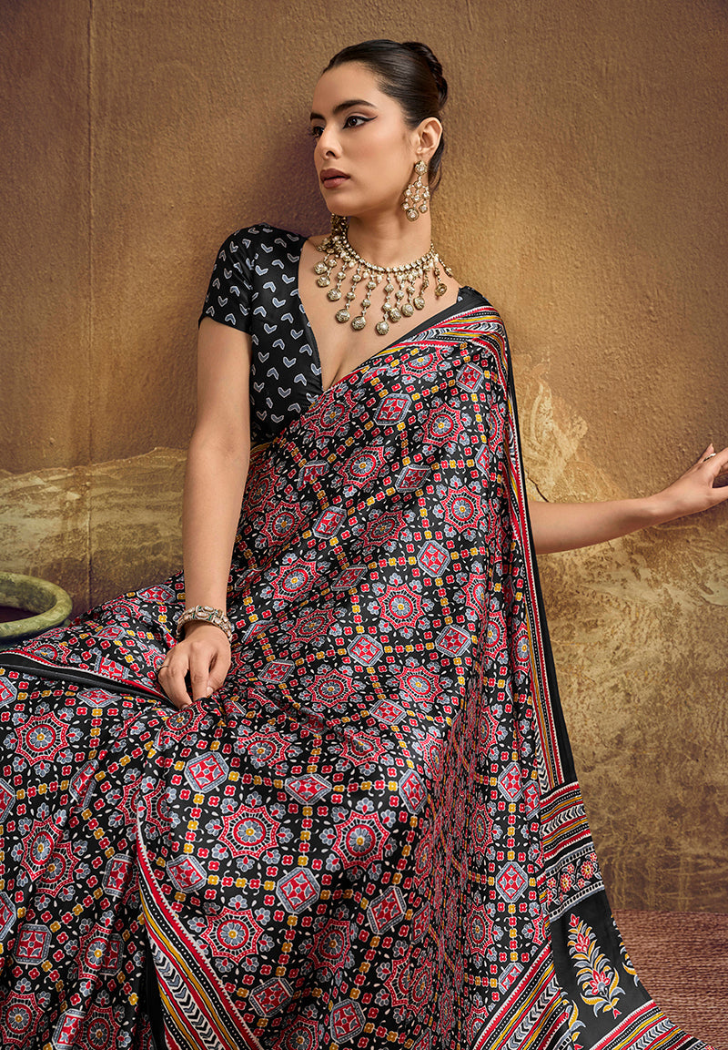 Monjolika Fashion Black Pink Faux Satin Printed Ajrakh Saree With Rich Border Print