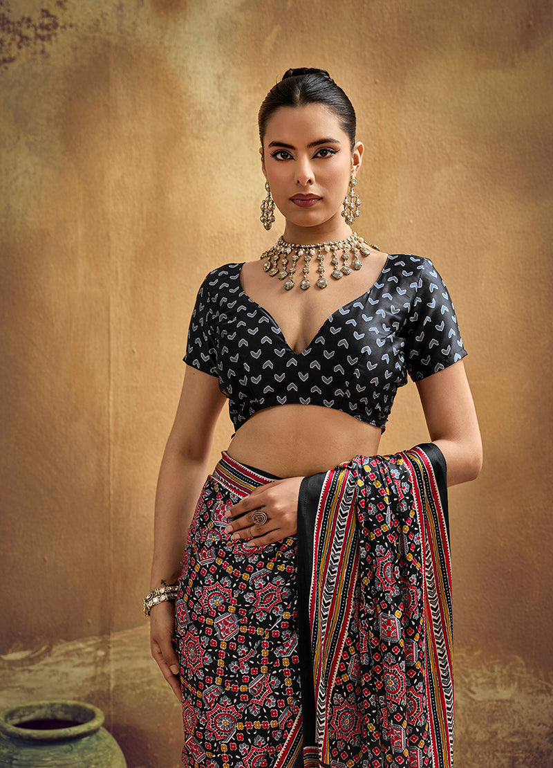Monjolika Fashion Black Pink Faux Satin Printed Ajrakh Saree With Rich Border Print