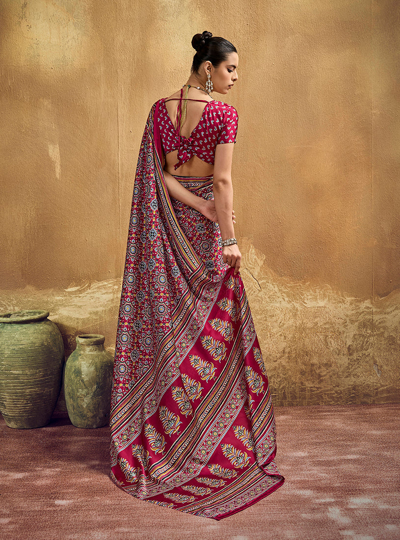 Monjolika Fashion Maroon Pink Faux Satin Printed Ajrakh Saree With Rich Border Print