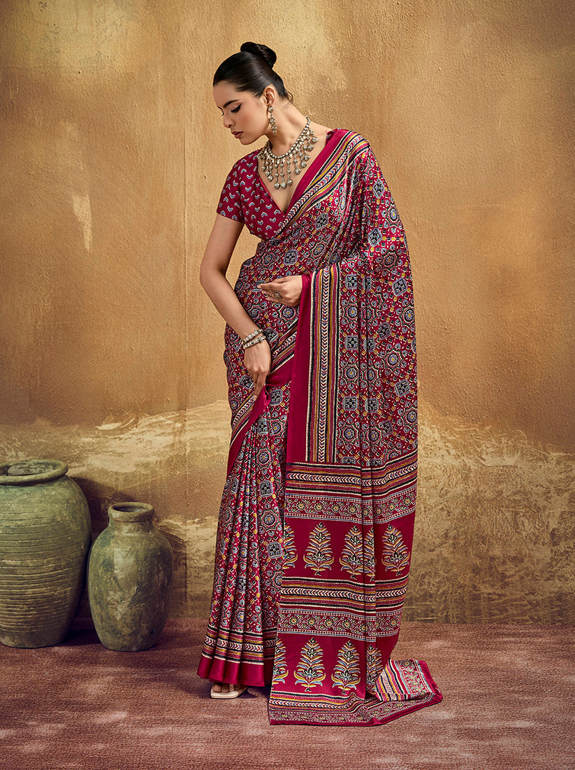 Monjolika Fashion Maroon Pink Faux Satin Printed Ajrakh Saree With Rich Border Print