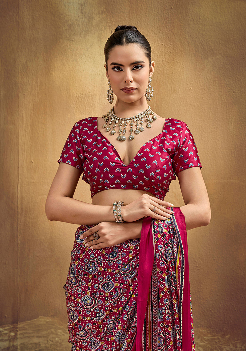Monjolika Fashion Maroon Pink Faux Satin Printed Ajrakh Saree With Rich Border Print