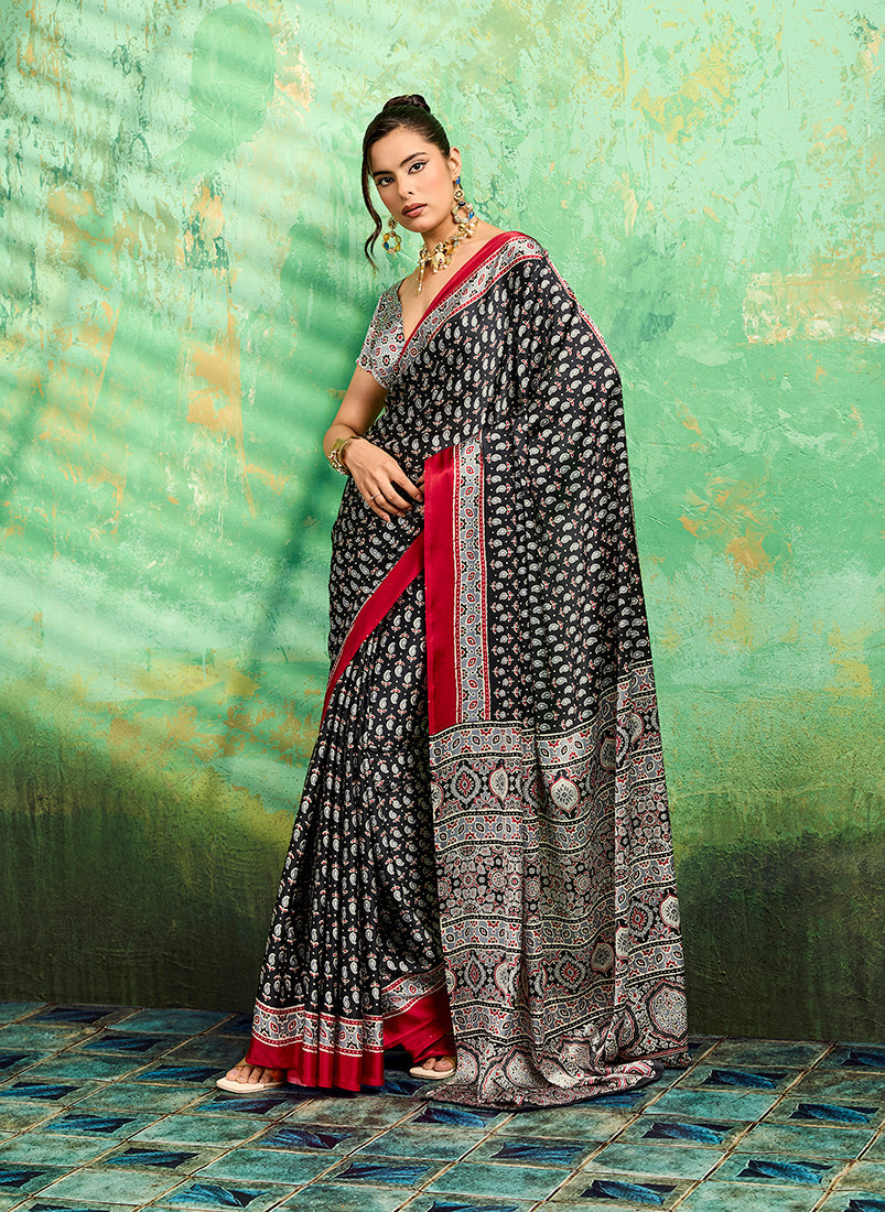 Monjolika Fashion Black Faux Satin Ajrakh Print Saree